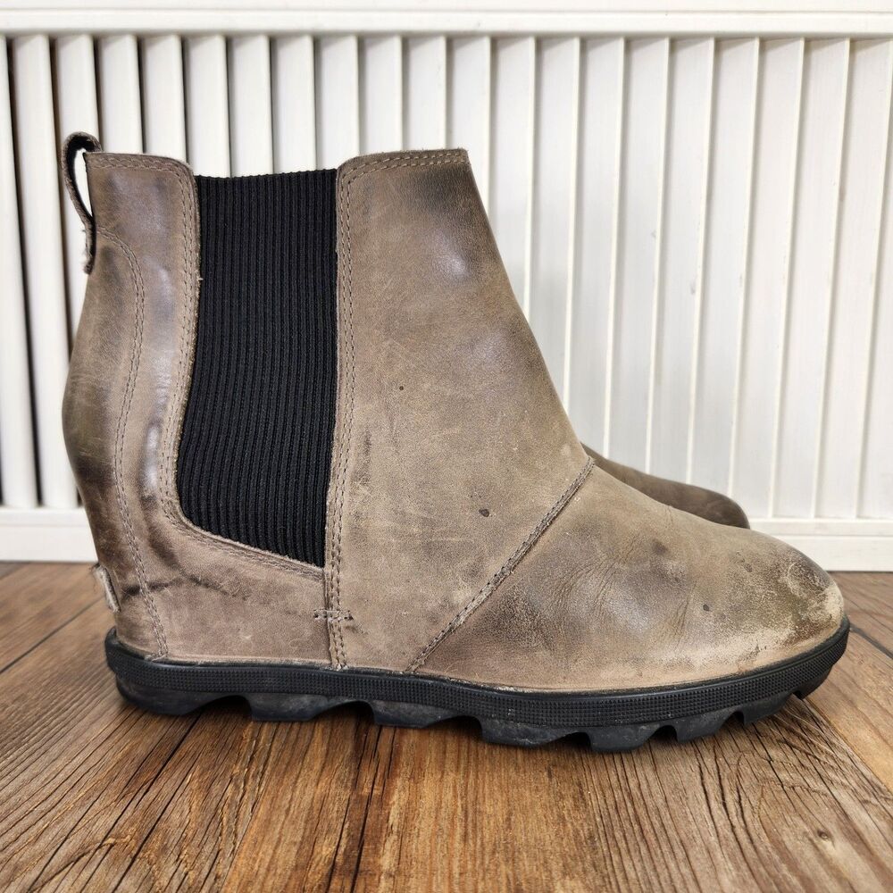 Sorel Joan of Arctic Wedge II Womens Size 10 Brown Leather Boho Chelsea Boots